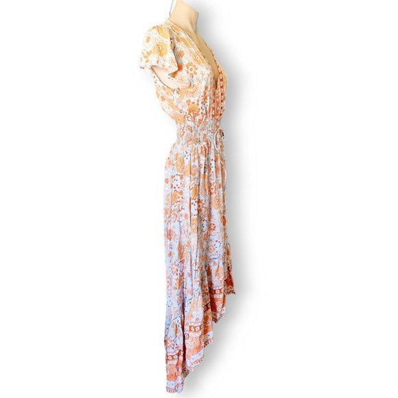 Honey Bunch blue orange + tan floral print high-low boho maxi dress fits AU 8-14 - Picture 2 of 15